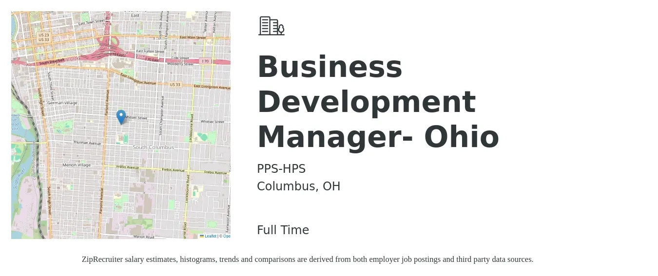 PPS-HPS job posting for a Business Development Manager- Ohio in Columbus, OH with a salary of $58,900 to $96,500 Yearly with a map of Columbus location.