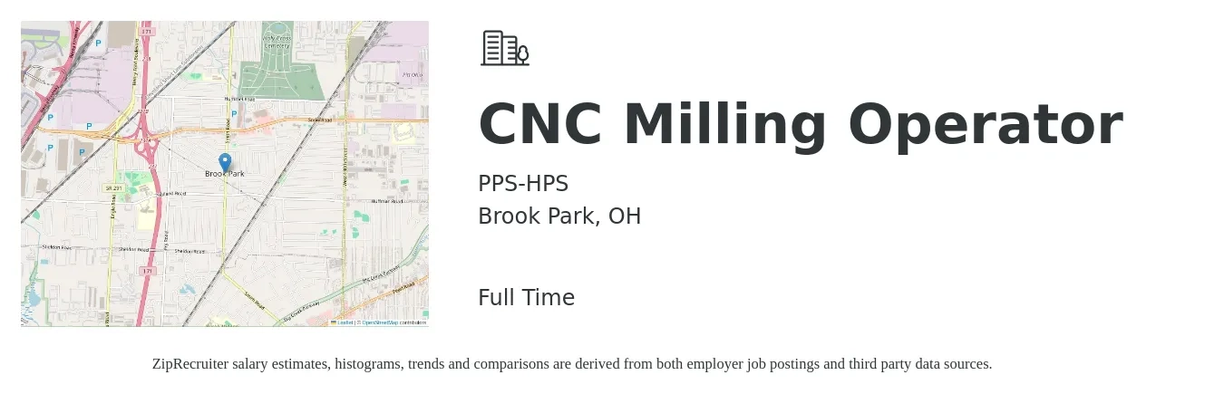 PPS-HPS job posting for a CNC Milling Operator in Brook Park, OH with a salary of $21 to $28 Hourly with a map of Brook Park location.
