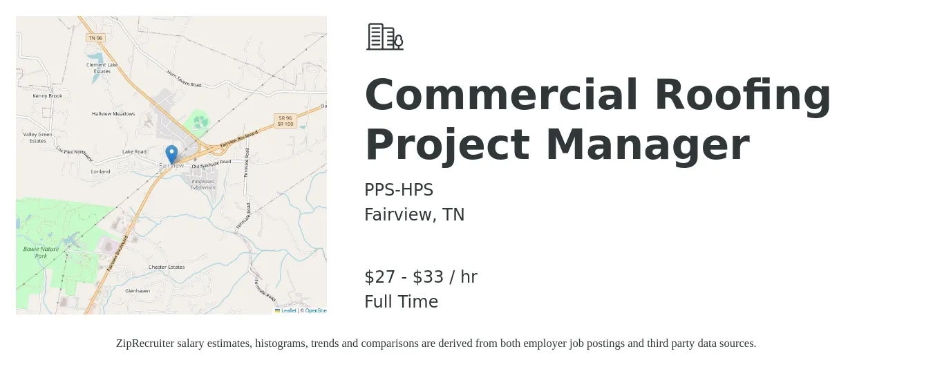 PPS-HPS job posting for a Commercial Roofing Project Manager in Fairview, TN with a salary of $29 to $35 Hourly with a map of Fairview location.