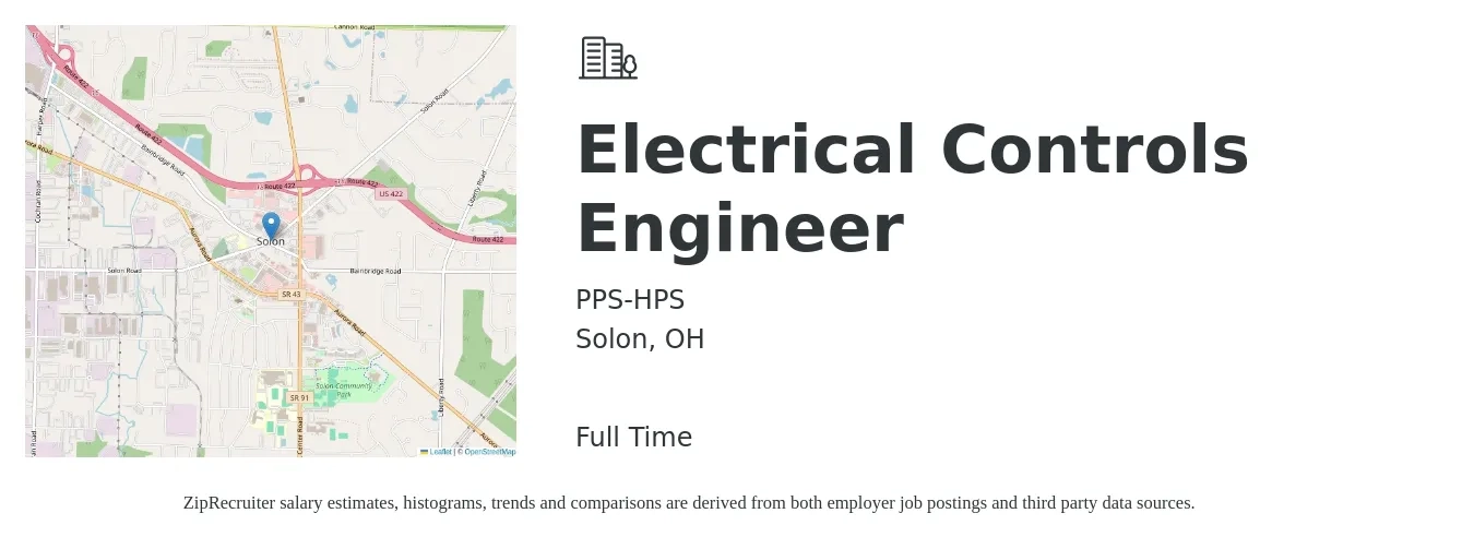 PPS-HPS job posting for a Electrical Controls Engineer in Solon, OH with a salary of $74,400 to $99,500 Yearly with a map of Solon location.