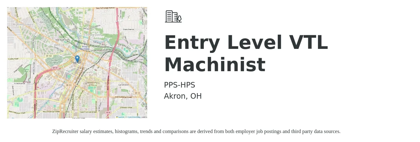 PPS-HPS job posting for a Entry Level VTL Machinist in Akron, OH with a salary of $21 to $28 Hourly with a map of Akron location.