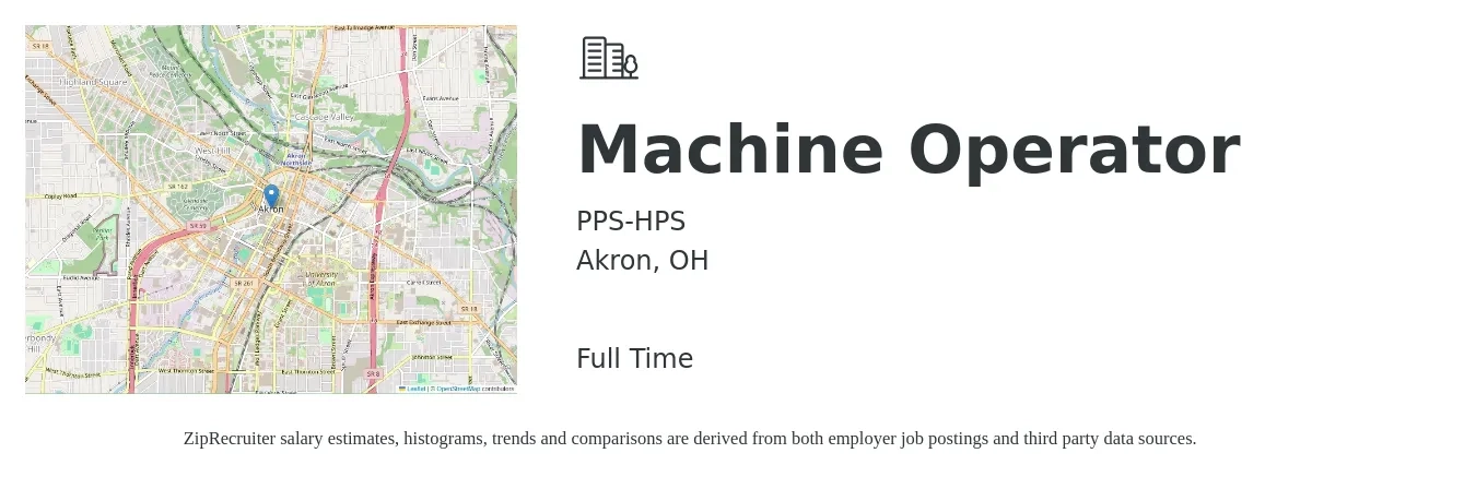 PPS-HPS job posting for a Machine Operator in Akron, OH with a salary of $16 to $19 Hourly with a map of Akron location.