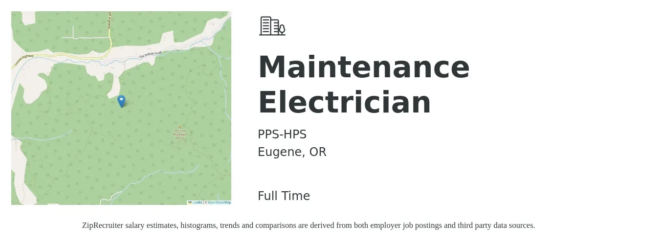 PPS-HPS job posting for a Maintenance Electrician in Eugene, OR with a salary of $28 to $36 Hourly with a map of Eugene location.