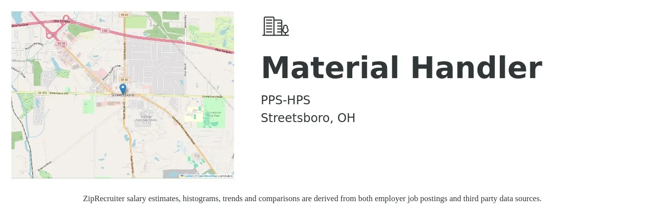 PPS-HPS job posting for a Material Handler in Streetsboro, OH with a salary of $16 to $19 Hourly with a map of Streetsboro location.