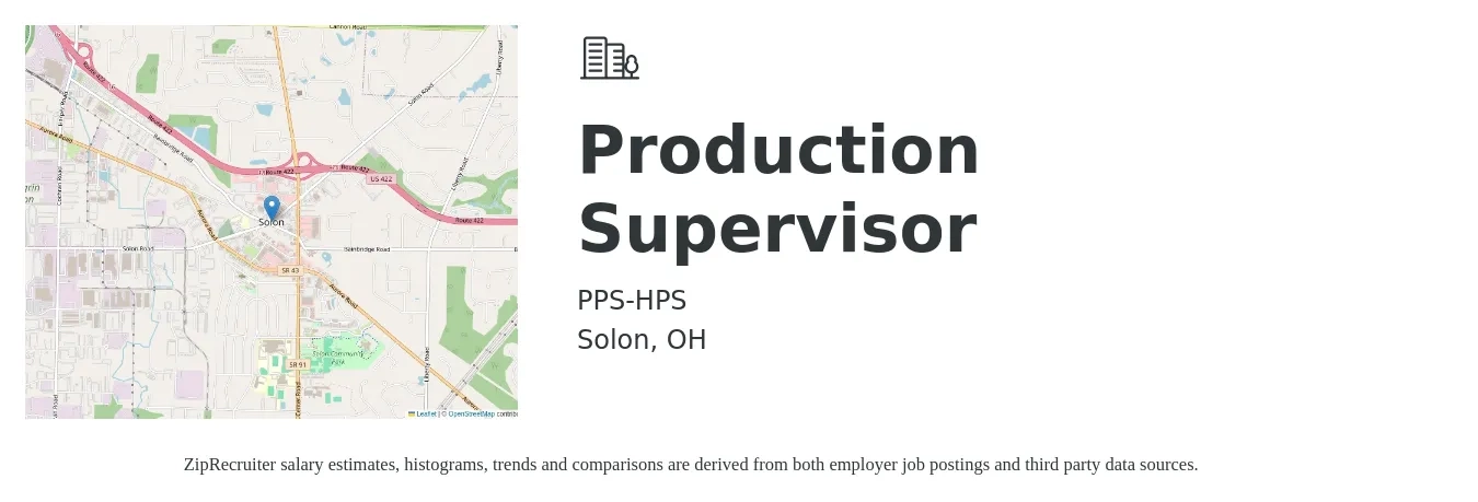 PPS-HPS job posting for a Production Supervisor in Solon, OH with a salary of $52,100 to $74,800 Yearly with a map of Solon location.