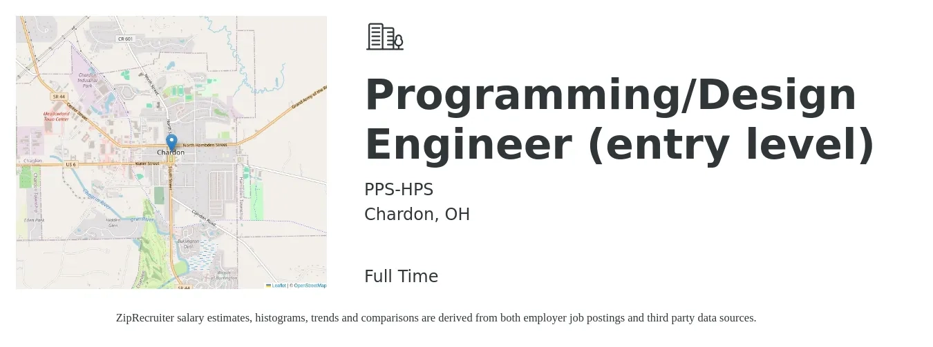 PPS-HPS job posting for a Programming/Design Engineer (entry level) in Chardon, OH with a salary of $71,600 to $92,600 Yearly with a map of Chardon location.