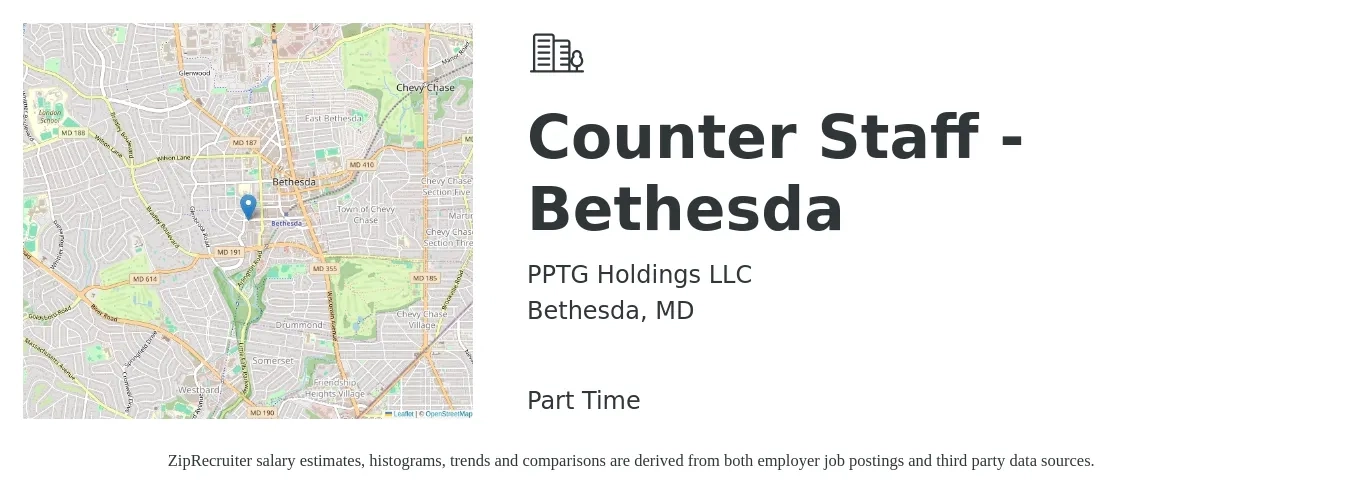 PPTG Holdings LLC job posting for a Counter Staff - Bethesda in Bethesda, MD with a salary of $15 to $18 Hourly with a map of Bethesda location.
