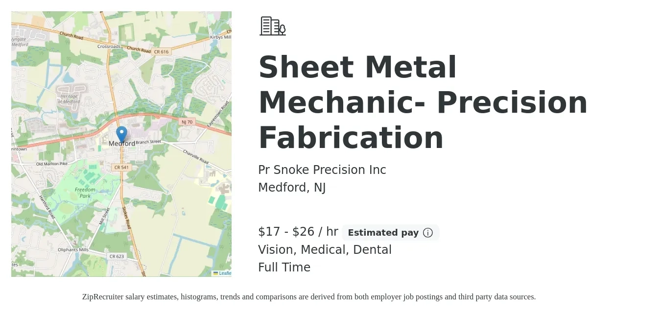 Pr Snoke Precision Inc job posting for a Sheet Metal Mechanic- Precision Fabrication in Medford, NJ with a salary of $18 to $28 Hourly and benefits including retirement, vision, dental, life_insurance, medical, and pto with a map of Medford location.