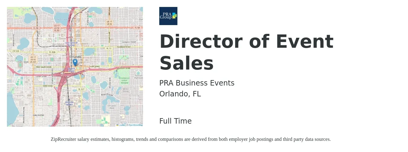 PRA Business Events job posting for a Director of Event Sales in Orlando, FL with a salary of $65,800 to $91,500 Yearly with a map of Orlando location.