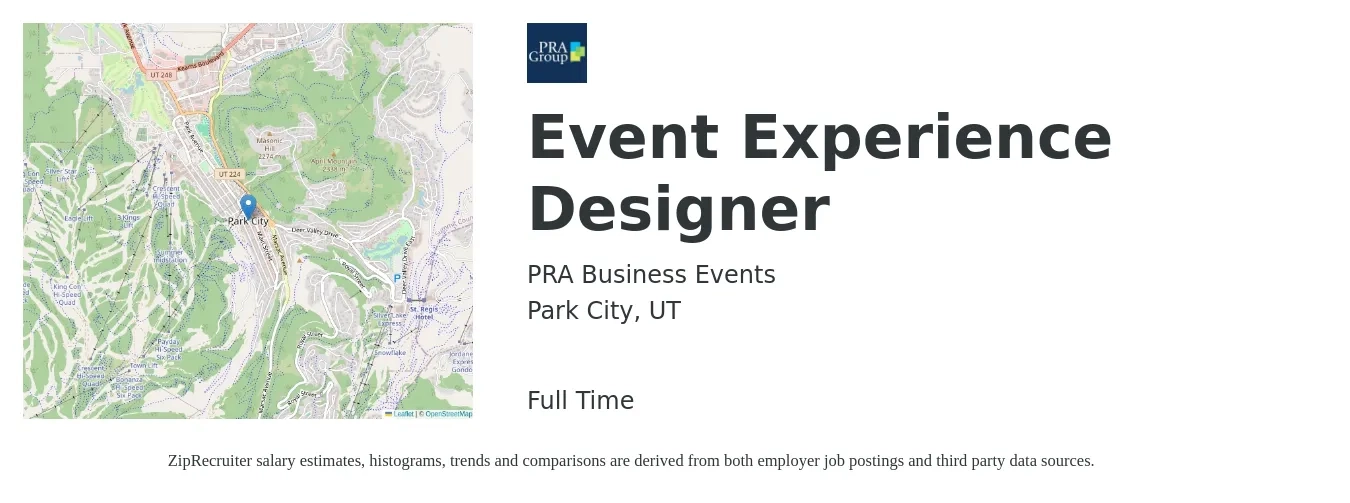PRA Business Events job posting for a Event Experience Designer in Park City, UT with a salary of $21 to $30 Hourly with a map of Park City location.