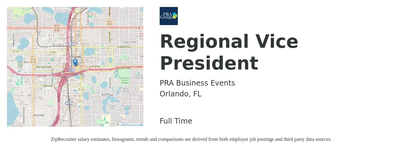 PRA Business Events job posting for a Regional Vice President in Orlando, FL with a salary of $93,400 to $112,000 Yearly with a map of Orlando location.