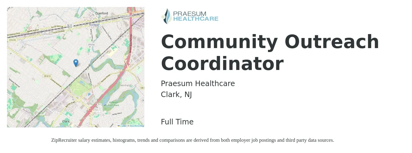 Praesum Healthcare job posting for a Community Outreach Coordinator in Clark, NJ with a salary of $43,900 to $61,500 Yearly with a map of Clark location.