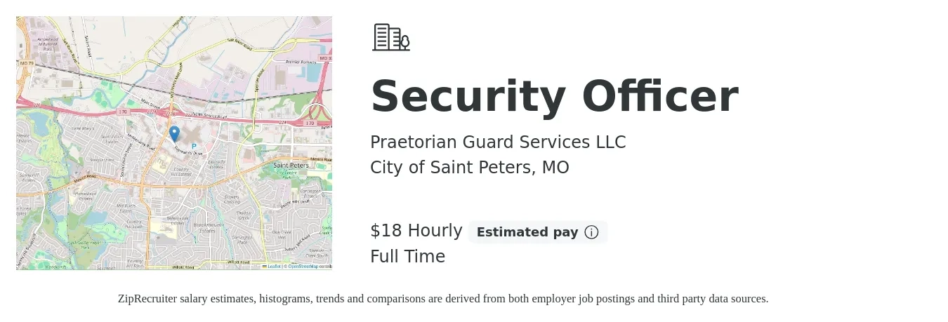 Praetorian Guard Services LLC job posting for a Security Officer in City of Saint Peters, MO with a salary of $19 Hourly with a map of City of Saint Peters location.
