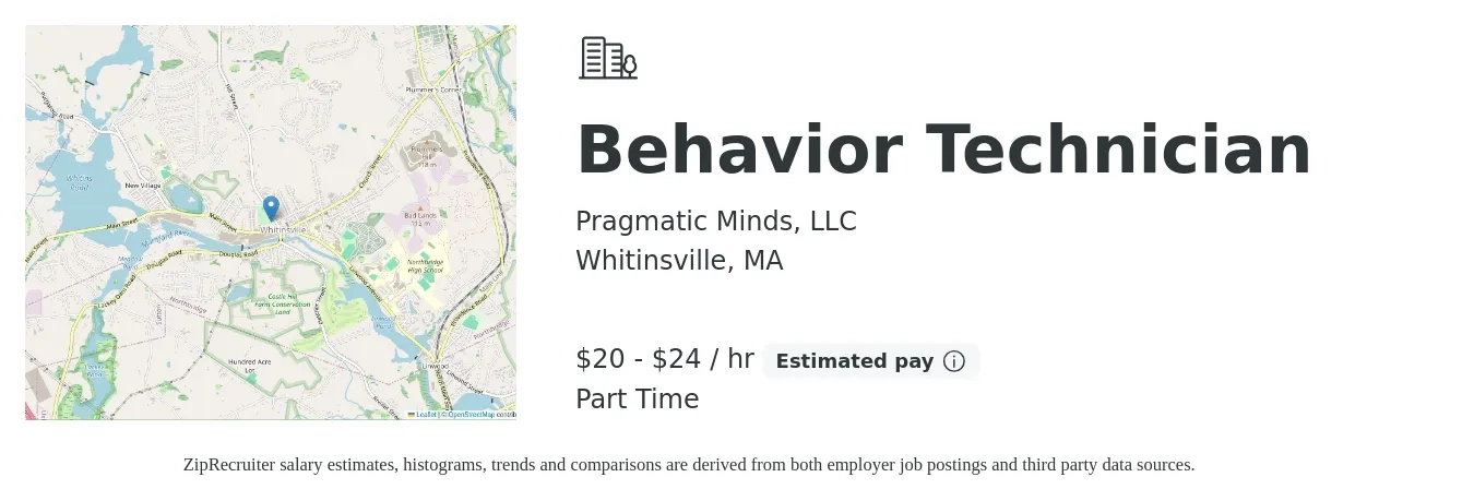 Pragmatic Minds, LLC job posting for a Behavior Technician in Whitinsville, MA with a salary of $21 to $25 Hourly with a map of Whitinsville location.