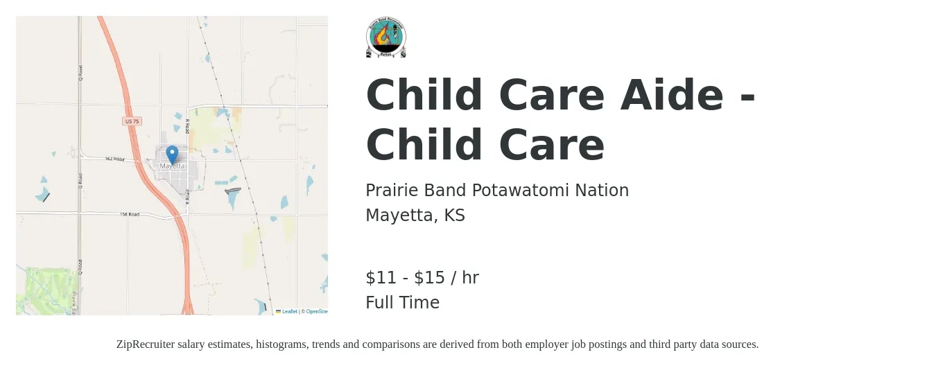 Prairie Band Potawatomi Nation job posting for a Child Care Aide - Child Care in Mayetta, KS with a salary of $12 to $16 Hourly with a map of Mayetta location.