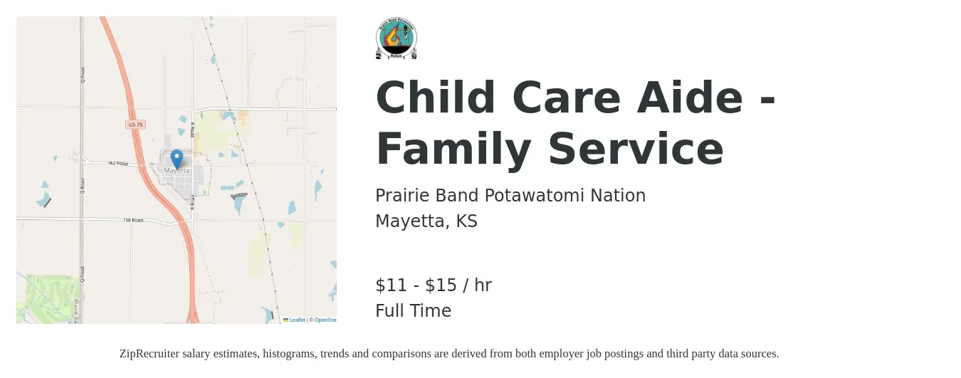 Prairie Band Potawatomi Nation job posting for a Child Care Aide - Family Service in Mayetta, KS with a salary of $12 to $16 Hourly with a map of Mayetta location.
