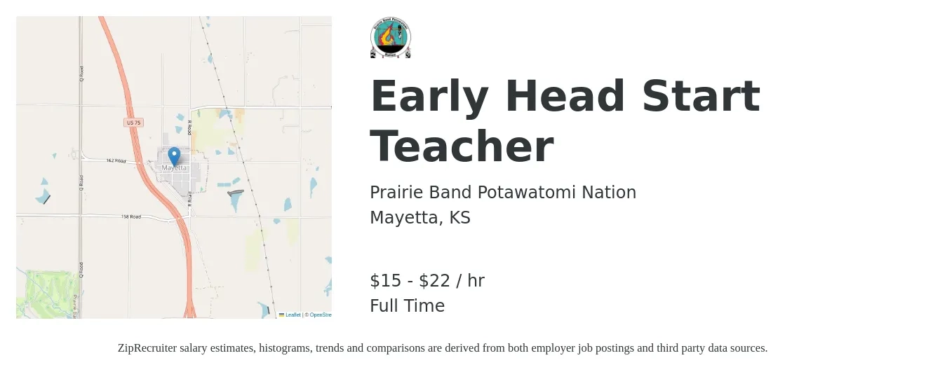 Prairie Band Potawatomi Nation job posting for a Early Head Start Teacher in Mayetta, KS with a salary of $16 to $23 Hourly with a map of Mayetta location.