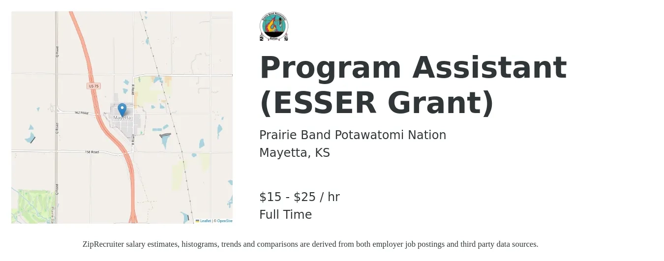Prairie Band Potawatomi Nation job posting for a Program Assistant (ESSER Grant) in Mayetta, KS with a salary of $16 to $26 Hourly with a map of Mayetta location.