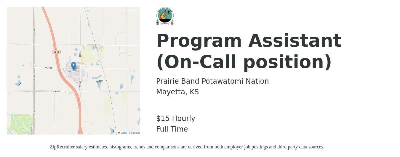 Prairie Band Potawatomi Nation job posting for a Program Assistant (On-Call position) in Mayetta, KS with a salary of $16 Hourly with a map of Mayetta location.