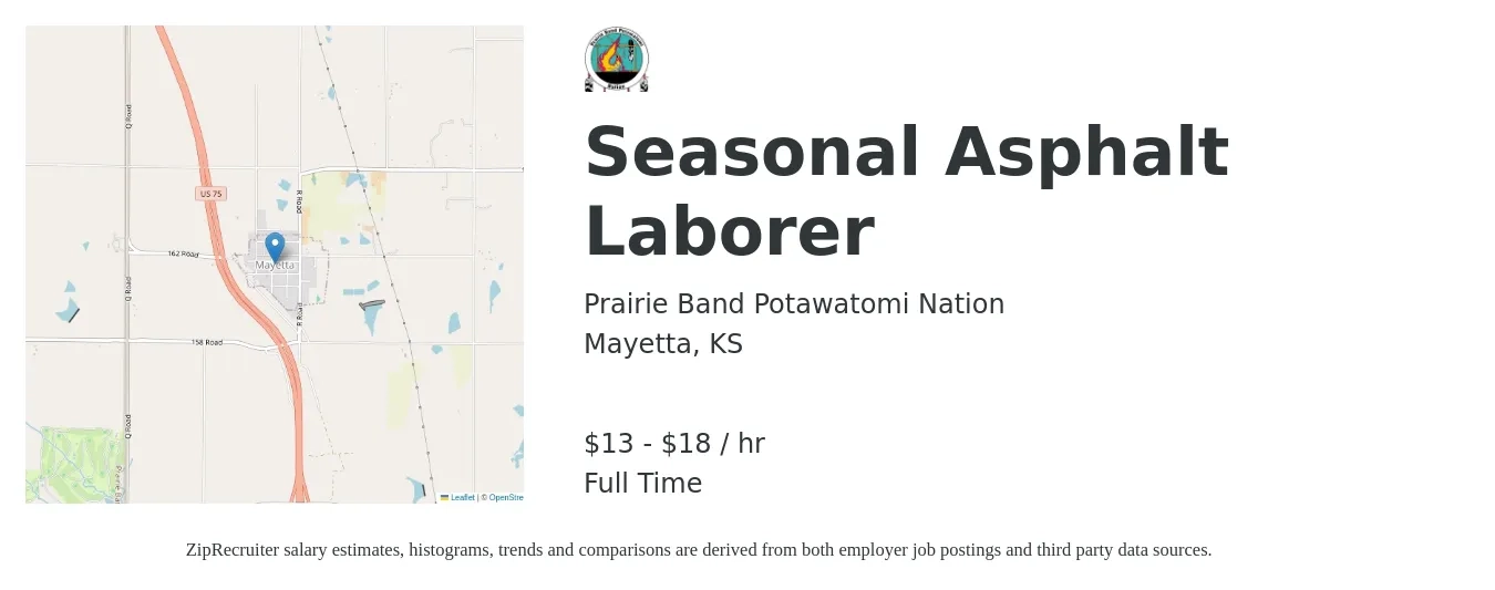 Prairie Band Potawatomi Nation job posting for a Seasonal Asphalt Laborer in Mayetta, KS with a salary of $14 to $20 Hourly with a map of Mayetta location.