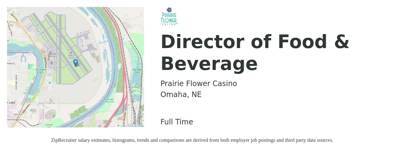 Prairie Flower Casino job posting for a Director of Food & Beverage in Omaha, NE with a salary of $68,900 to $110,000 Yearly with a map of Omaha location.