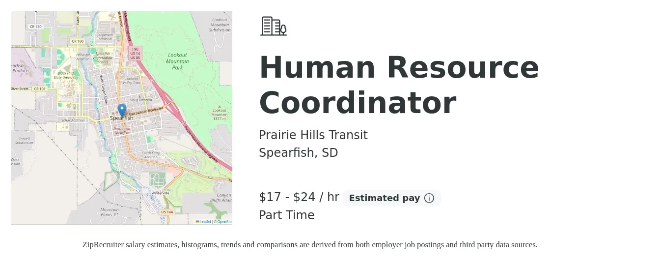 Prairie Hills Transit job posting for a Human Resource Coordinator in Spearfish, SD with a salary of $18 to $25 Hourly and benefits including pto, and retirement with a map of Spearfish location.