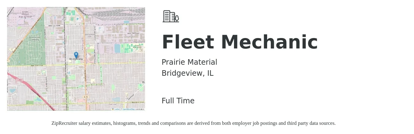 Prairie Material job posting for a Fleet Mechanic in Bridgeview, IL with a salary of $25 to $32 Hourly with a map of Bridgeview location.