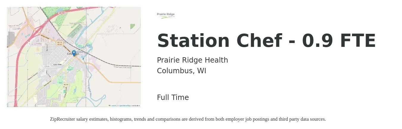 Prairie Ridge Health job posting for a Station Chef 0.9 FTE in Columbus, WI with a salary of $17 to $21 Hourly with a map of Columbus location.