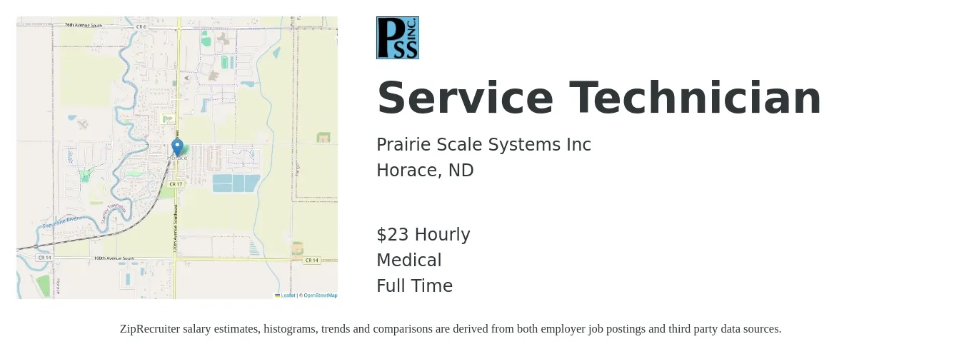 Prairie Scale Systems Inc job posting for a Service Technician in Horace, ND with a salary of $24 Hourly and benefits including medical, pto, and retirement with a map of Horace location.