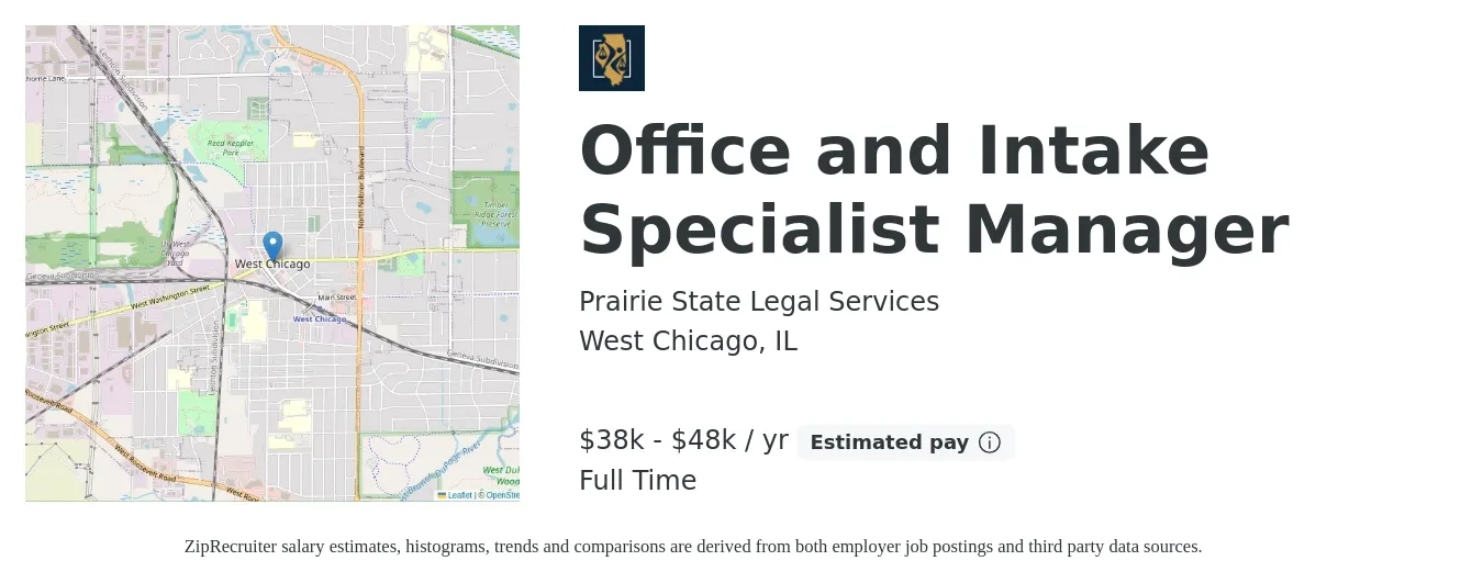 Prairie State Legal Services job posting for a Office and Intake Specialist Manager in West Chicago, IL with a salary of $38,000 to $48,983 Yearly with a map of West Chicago location.