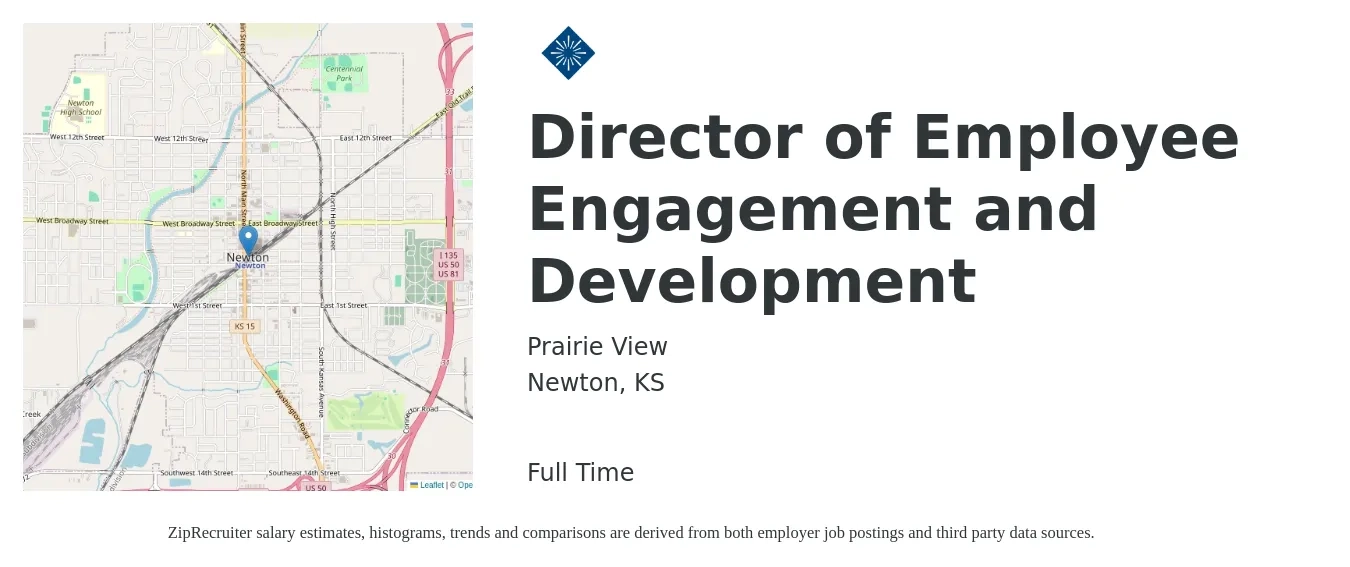 Prairie View job posting for a Director of Employee Engagement and Development in Newton, KS with a salary of $52,800 to $96,900 Yearly with a map of Newton location.