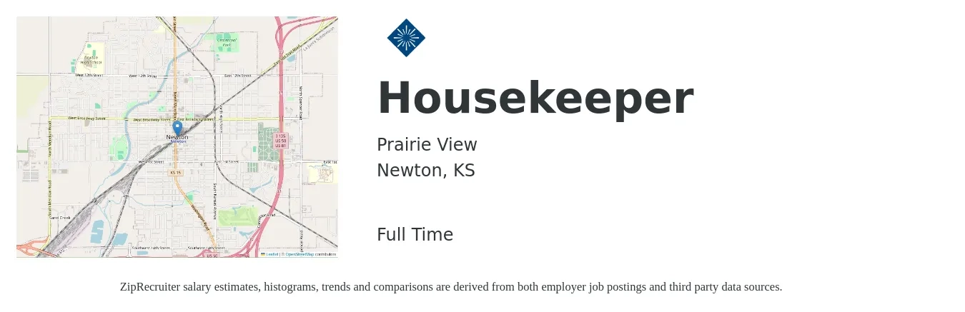 Prairie View job posting for a Housekeeper in Newton, KS with a salary of $12 to $16 Hourly with a map of Newton location.