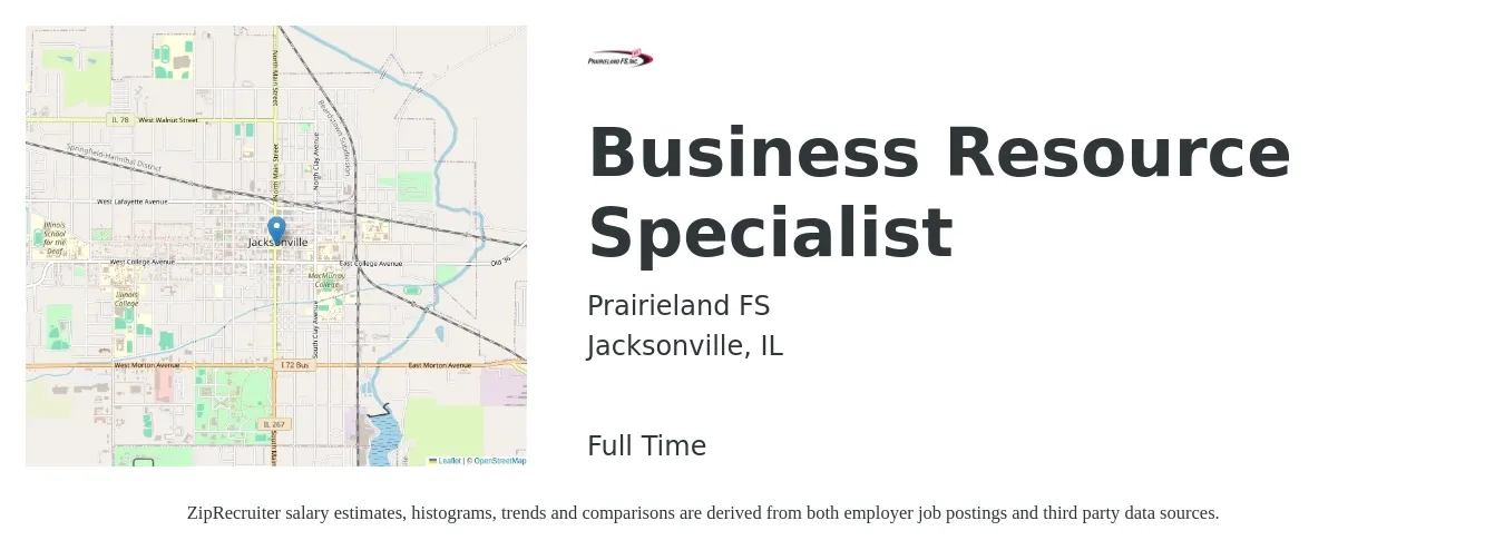 Prairieland FS job posting for a Business Resource Specialist in Jacksonville, IL with a salary of $68,200 to $115,100 Yearly with a map of Jacksonville location.