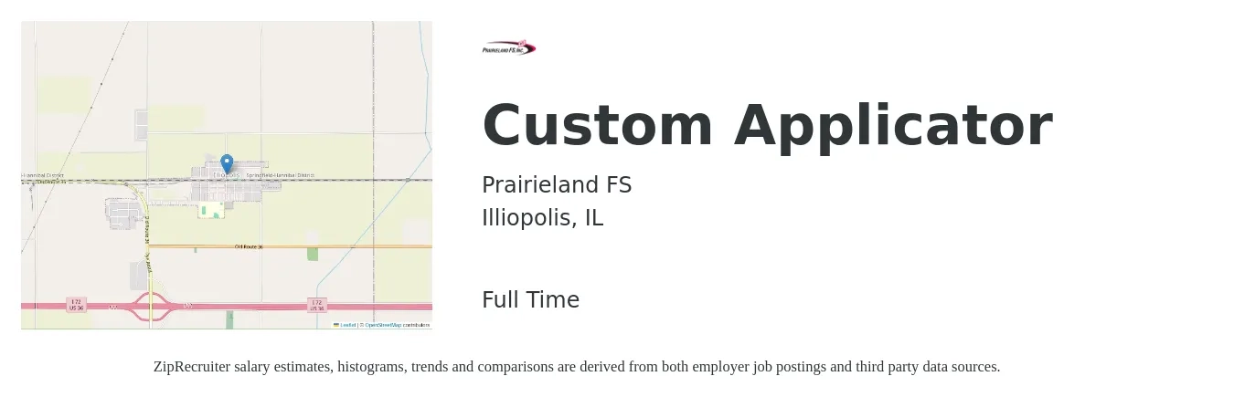 Prairieland FS job posting for a Custom Applicator in Illiopolis, IL with a salary of $17 to $24 Hourly with a map of Illiopolis location.
