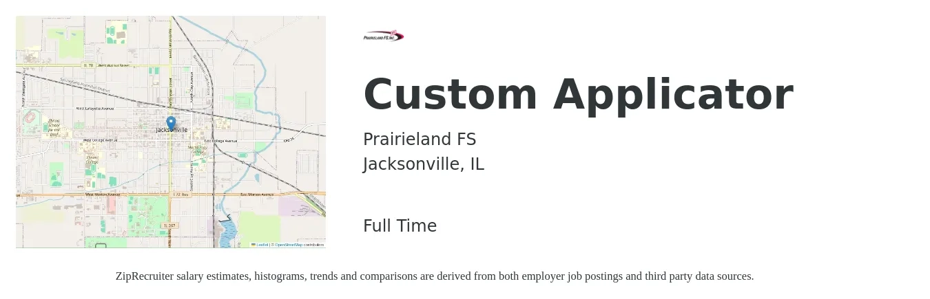 Prairieland FS job posting for a Custom Applicator in Jacksonville, IL with a salary of $18 to $24 Hourly with a map of Jacksonville location.