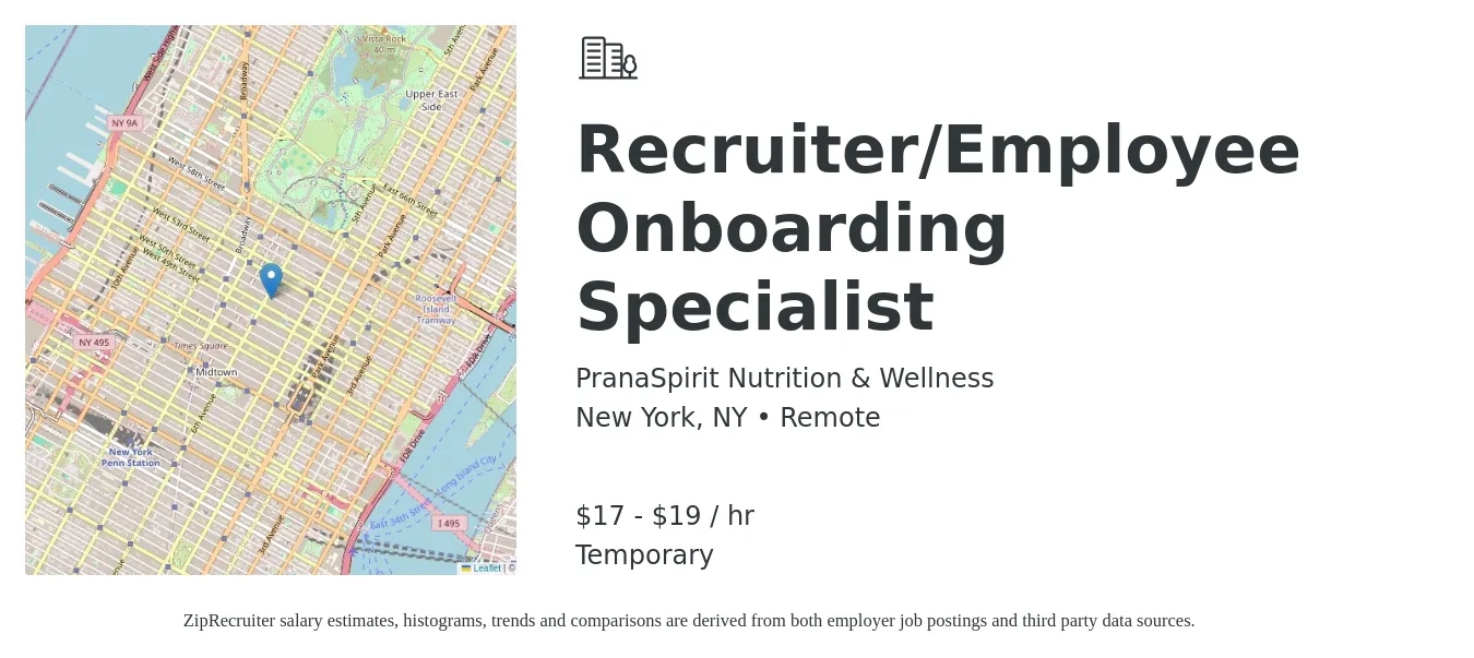 PranaSpirit Nutrition & Wellness job posting for a Recruiter/Employee Onboarding Specialist in New York, NY with a salary of $18 to $20 Hourly with a map of New York location.