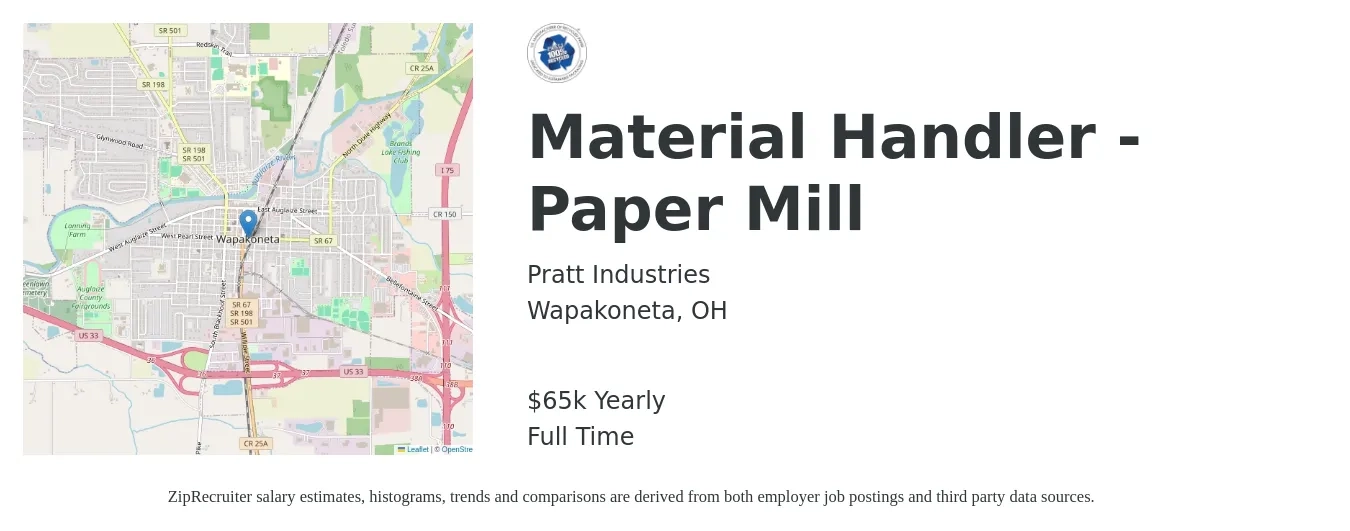 Pratt Industries job posting for a Material Handler - Paper Mill in Wapakoneta, OH with a salary of $65,000 Yearly with a map of Wapakoneta location.