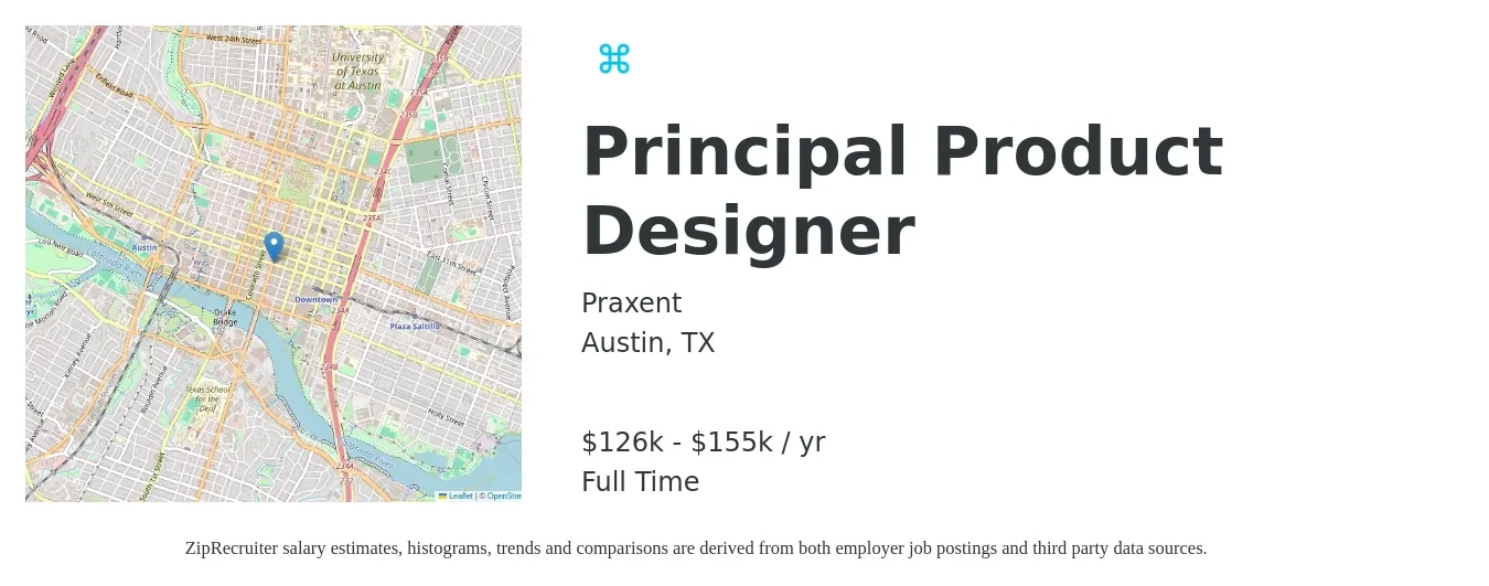 Praxent job posting for a Principal Product Designer in Austin, TX with a salary of $126,997 to $155,155 Yearly with a map of Austin location.
