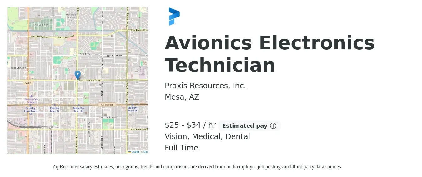 Praxis Resources, Inc. job posting for a Avionics Electronics Technician in Mesa, AZ with a salary of $26 to $36 Hourly and benefits including vision, dental, and medical with a map of Mesa location.