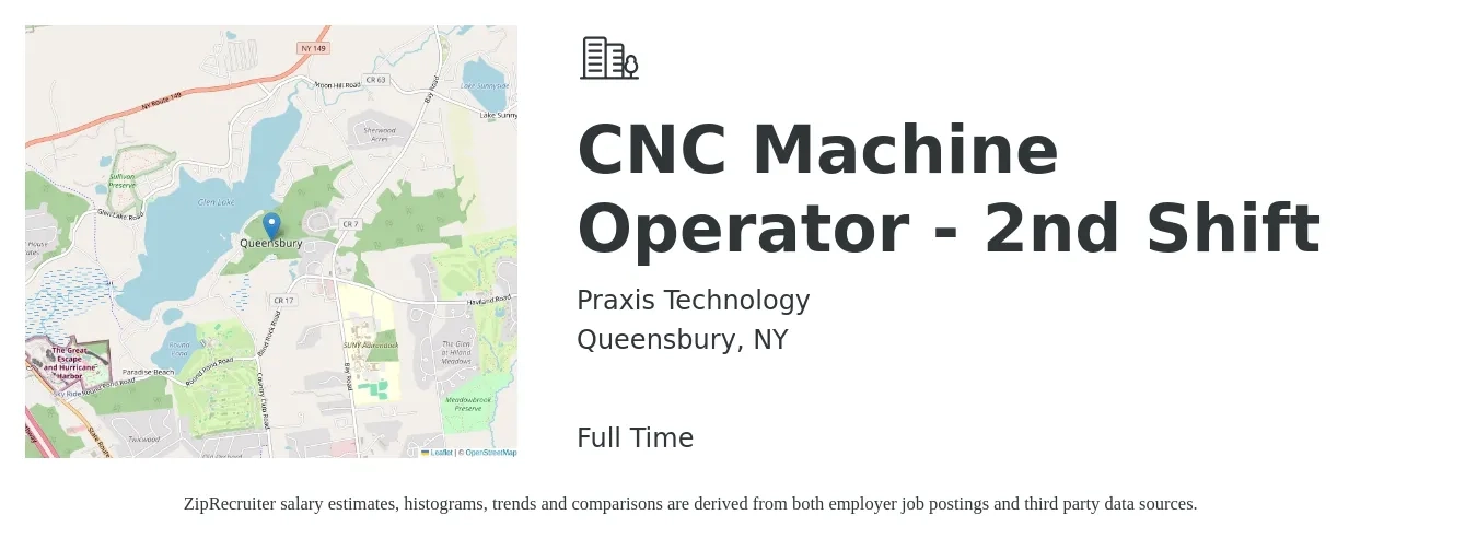 Praxis Technology job posting for a CNC Machine Operator - 2nd Shift in Queensbury, NY with a salary of $18 to $24 Hourly with a map of Queensbury location.