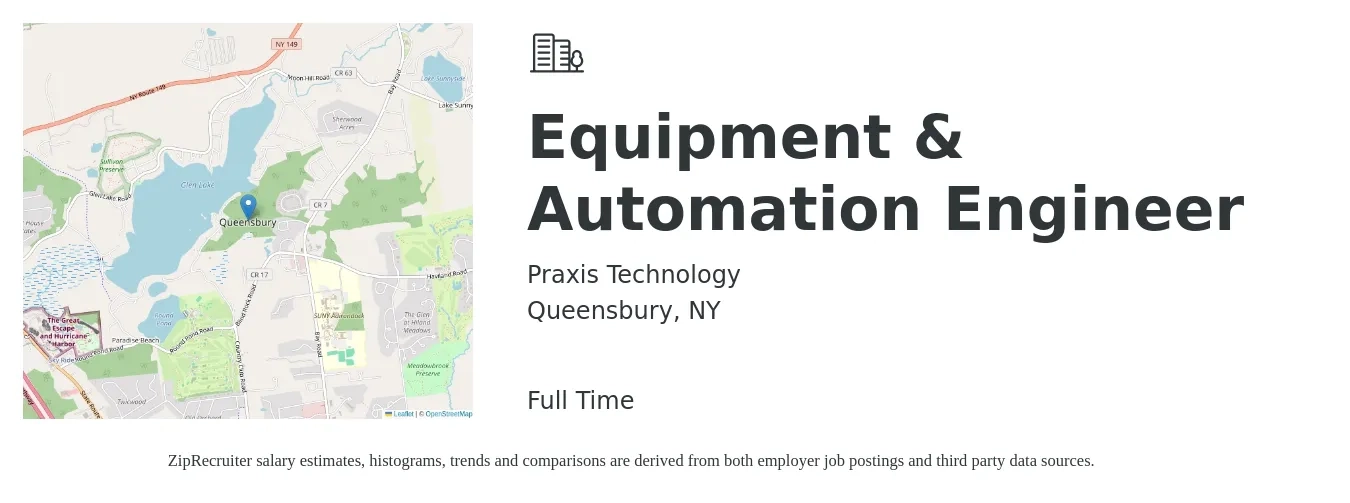 Praxis Technology job posting for a Equipment & Automation Engineer in Queensbury, NY with a salary of $85,000 to $100,000 Yearly with a map of Queensbury location.
