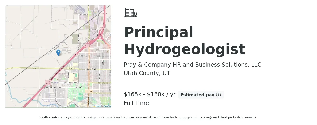 Pray & Company HR and Business Solutions, LLC job posting for a Principal Hydrogeologist in Utah County, UT with a salary of $165,000 to $180,000 Yearly with a map of Utah County location.