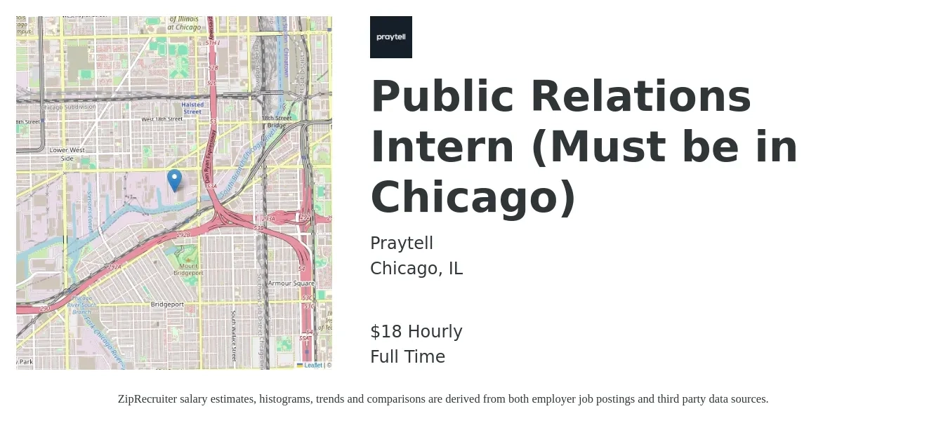 Praytell job posting for a Public Relations Intern (Must be in Chicago) in Chicago, IL with a salary of $19 Hourly with a map of Chicago location.