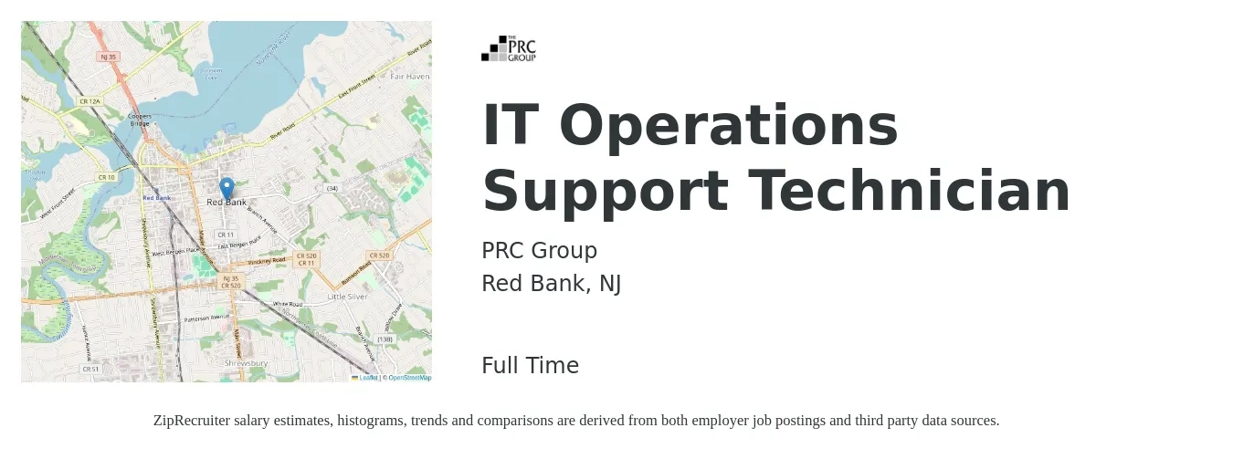 PRC Group job posting for a IT Operations Support Technician in Red Bank, NJ with a salary of $22 to $30 Hourly with a map of Red Bank location.