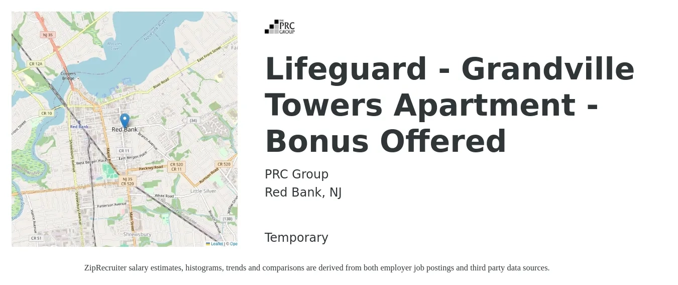 PRC Group job posting for a Lifeguard - Grandville Towers Apartment -Bonus Offered in Red Bank, NJ with a salary of $17 to $24 Hourly with a map of Red Bank location.