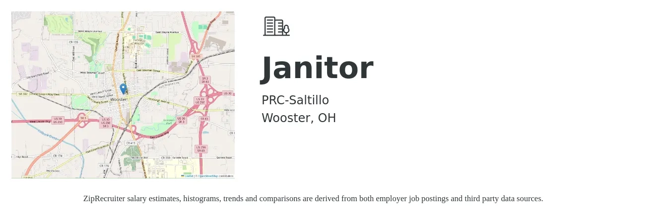 PRC-Saltillo job posting for a Janitor in Wooster, OH with a salary of $12 to $16 Hourly with a map of Wooster location.