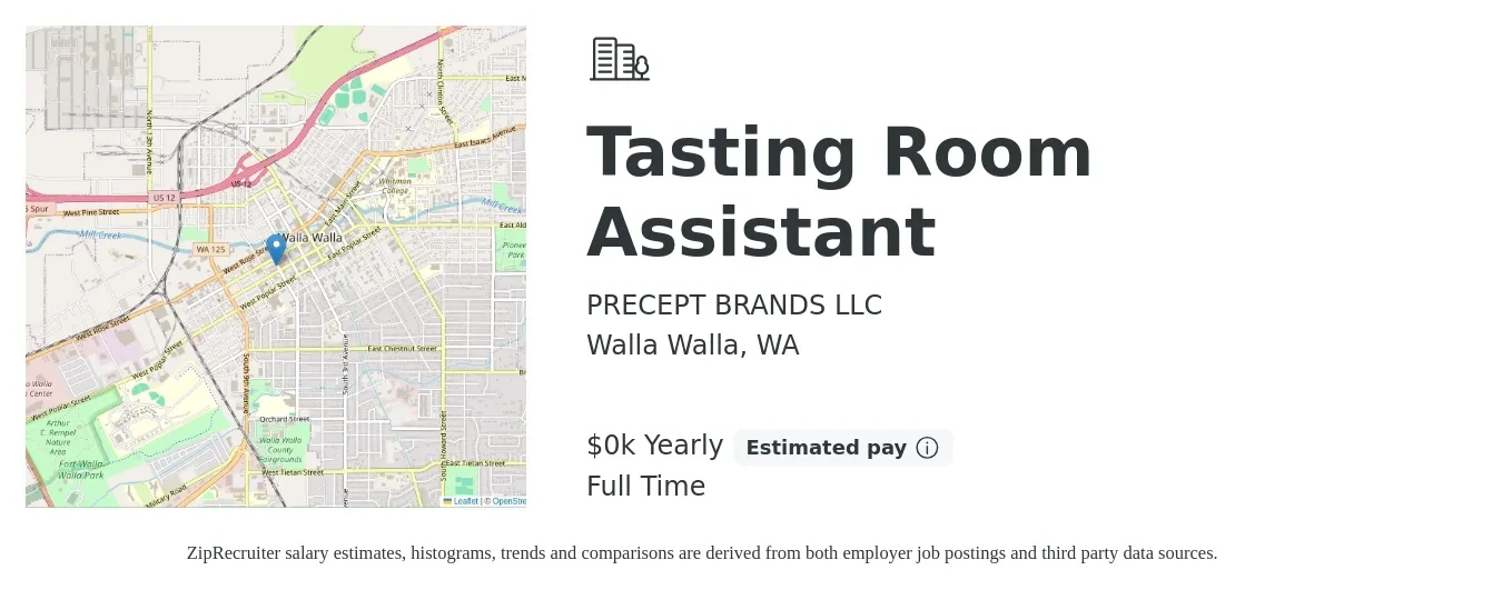 PRECEPT BRANDS LLC job posting for a Tasting Room Assistant in Walla Walla, WA with a salary of $16 to $18 Yearly with a map of Walla Walla location.