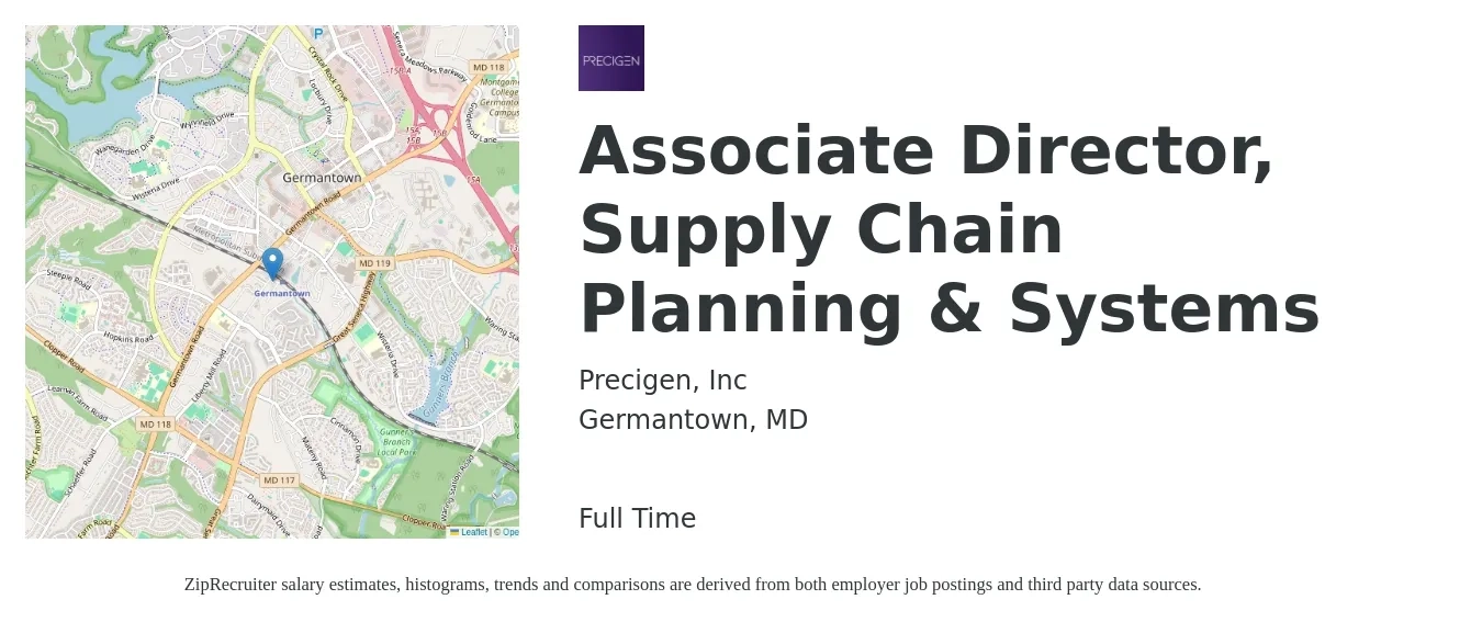 Precigen, Inc job posting for a Associate Director, Supply Chain Planning & Systems in Germantown, MD with a salary of $185,000 to $209,400 Yearly with a map of Germantown location.