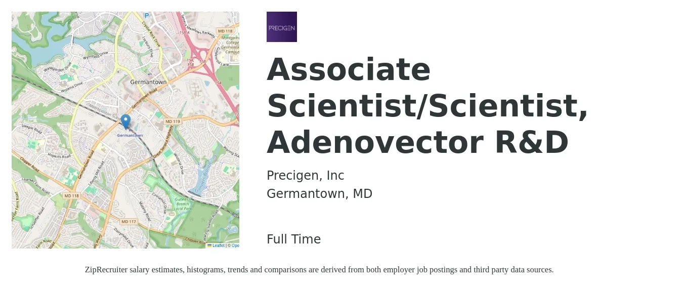 Precigen, Inc job posting for a Associate Scientist/Scientist, Adenovector R&D in Germantown, MD with a salary of $30 to $43 Hourly with a map of Germantown location.