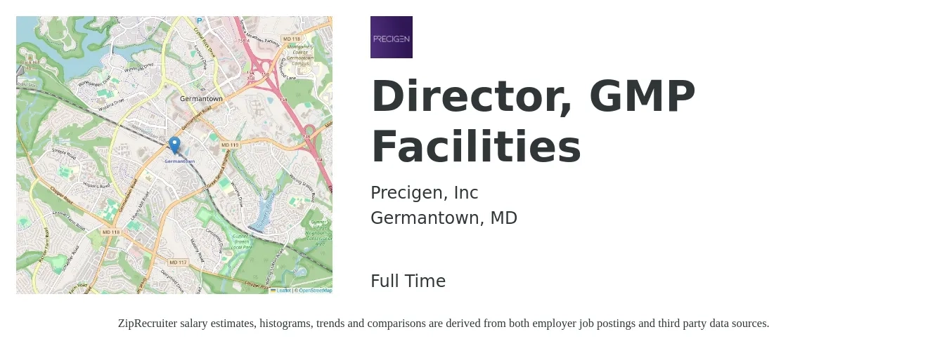 Precigen, Inc job posting for a Director, GMP Facilities in Germantown, MD with a salary of $93,500 to $205,300 Yearly with a map of Germantown location.